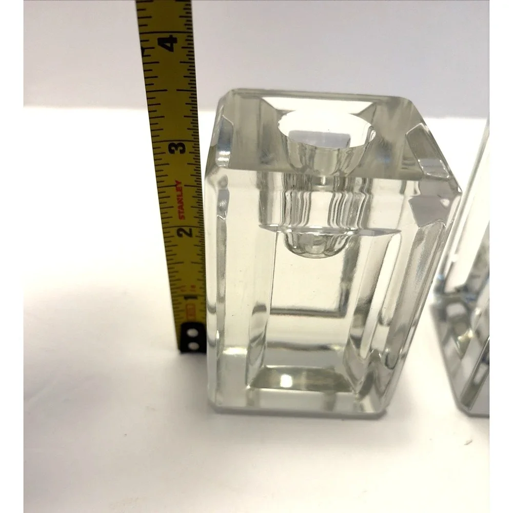 Vtg MCM Crystal Glass Ice Cube Style Candle Holder Pair Indented Sides Heavy
